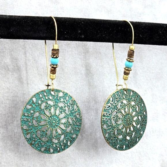 Blue Disc Floral Dangle Bead Hoop Hook Earring Fashion Boho Retro Jewelry JB2-39 - Picture 2 of 4